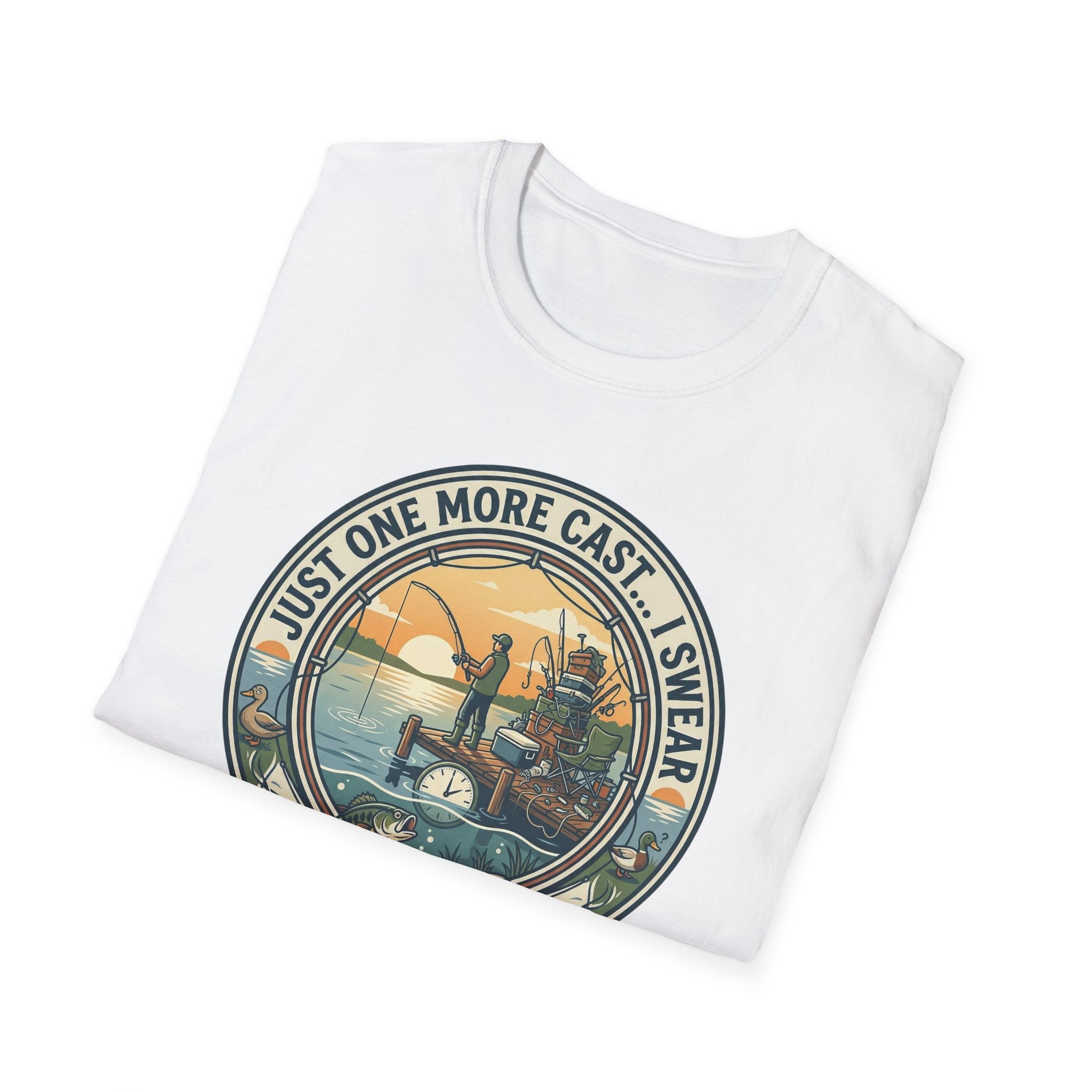 Just One More Cast Fishing T-Shirt | Retro Sunset Angler Design