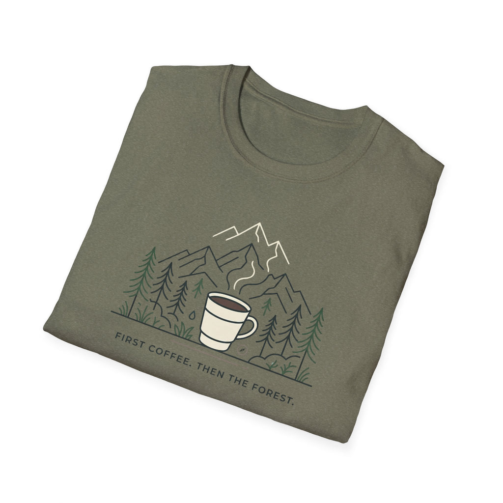 Coffee Cup in Pines T-Shirt | mountain camp mug, minimalist outdoors design