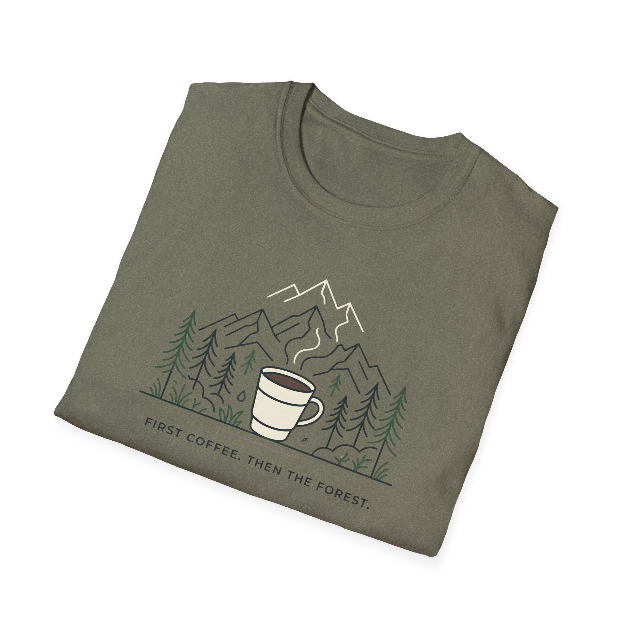 Coffee Cup in Pines T-Shirt | mountain camp mug, minimalist outdoors design