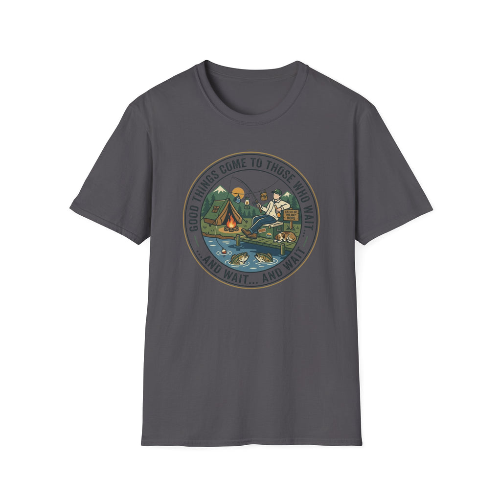 Camping Scene T-Shirt | Vintage Tent Lake Illustration, 'Good Things Come to Those Who Wait'