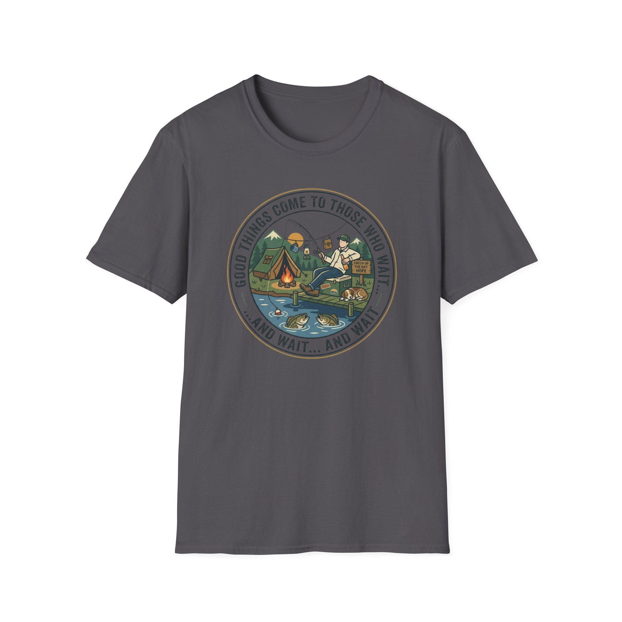 Camping Scene T-Shirt | Vintage Tent Lake Illustration, 'Good Things Come to Those Who Wait'