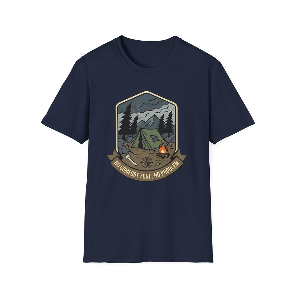 Camping Badge tent and campfire graphic T-Shirt | outdoors hiking adventure emblem