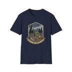Camping Badge tent and campfire graphic T-Shirt | outdoors hiking adventure emblem
