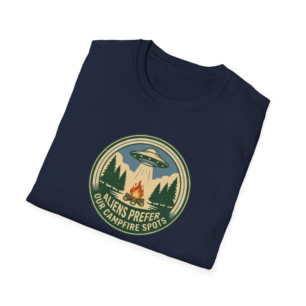 Aliens Prefer Our Campfire Spots T-Shirt | UFO Camping Badge Graphic