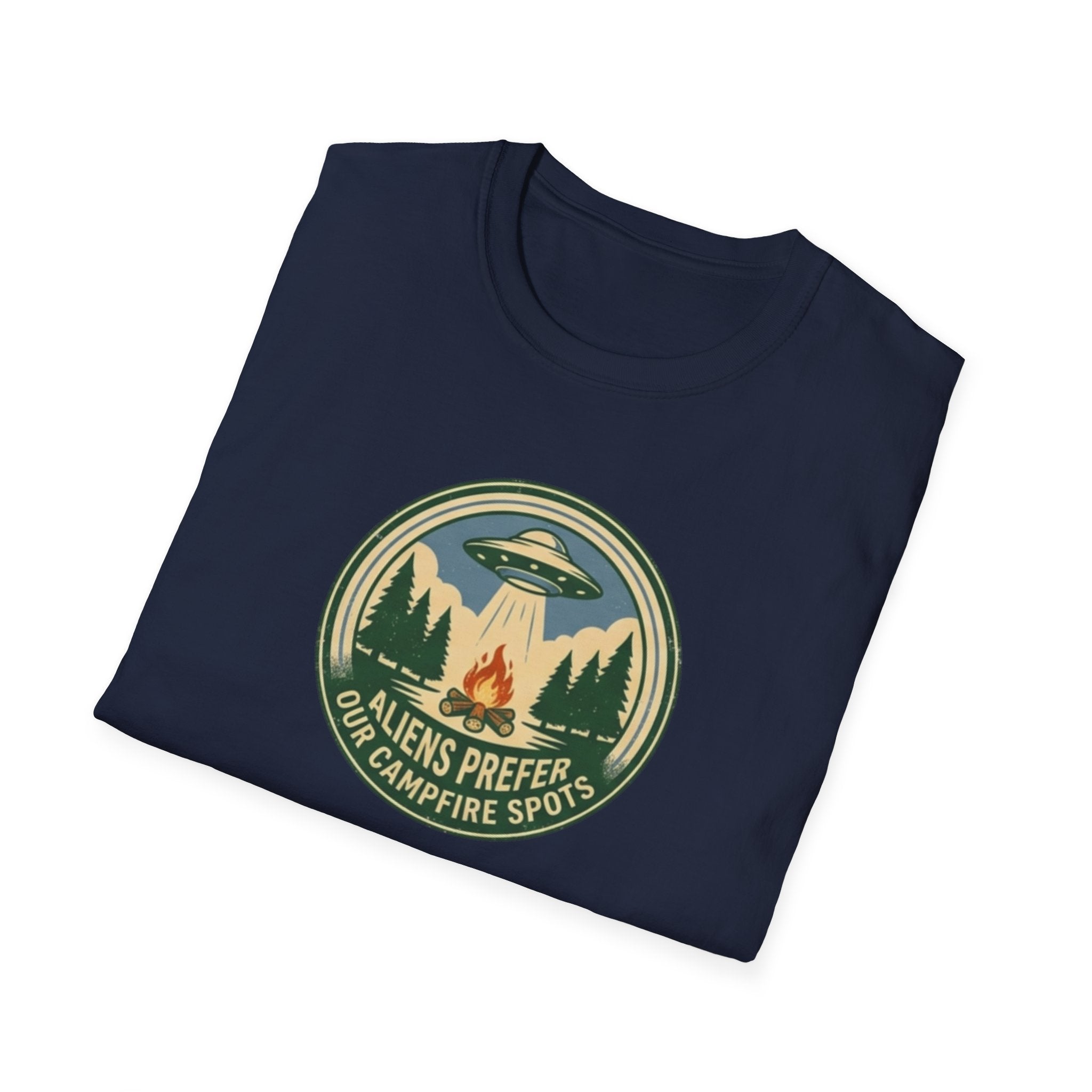 Aliens Prefer Our Campfire Spots T-Shirt | UFO Camping Badge Graphic