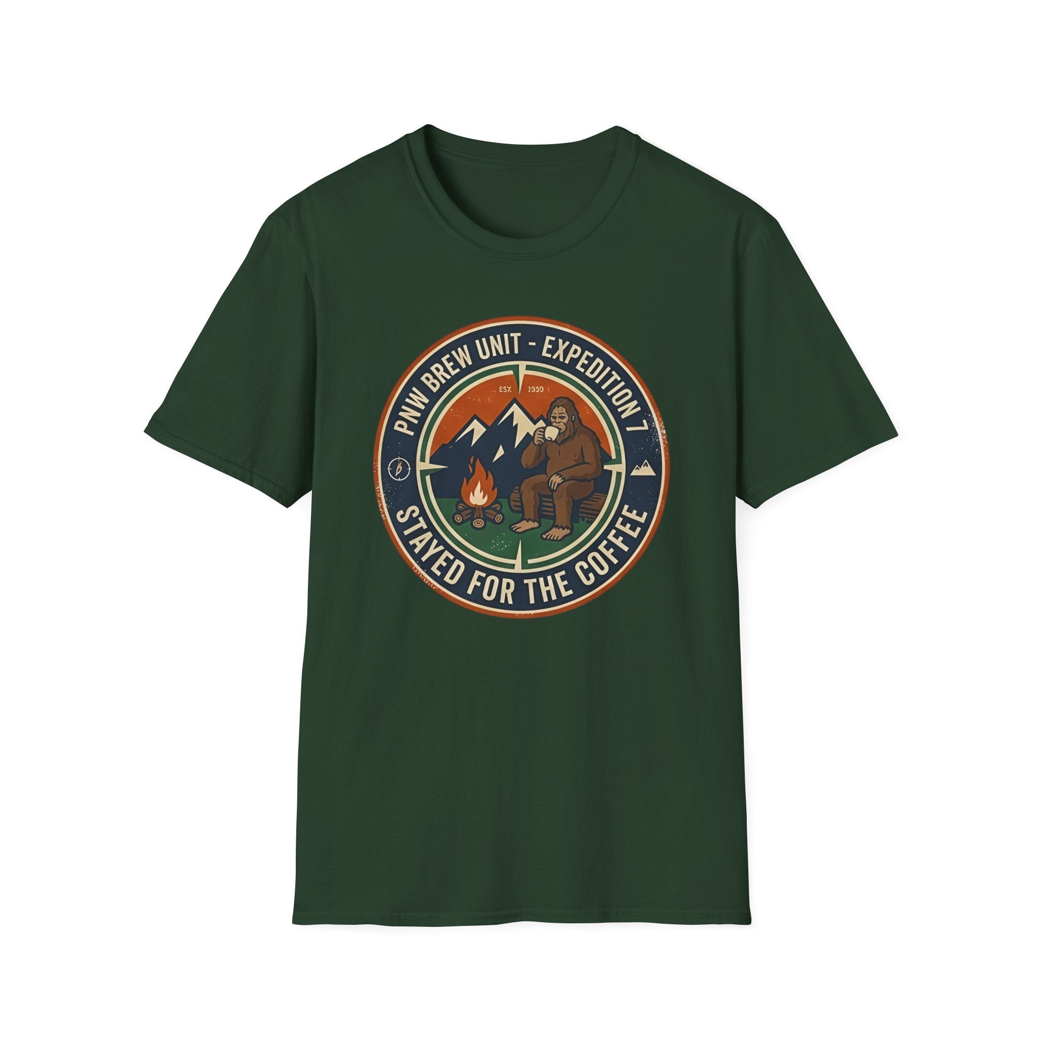 Stayed for the Coffee mountain camping badge T-Shirt | coffee hiking logo