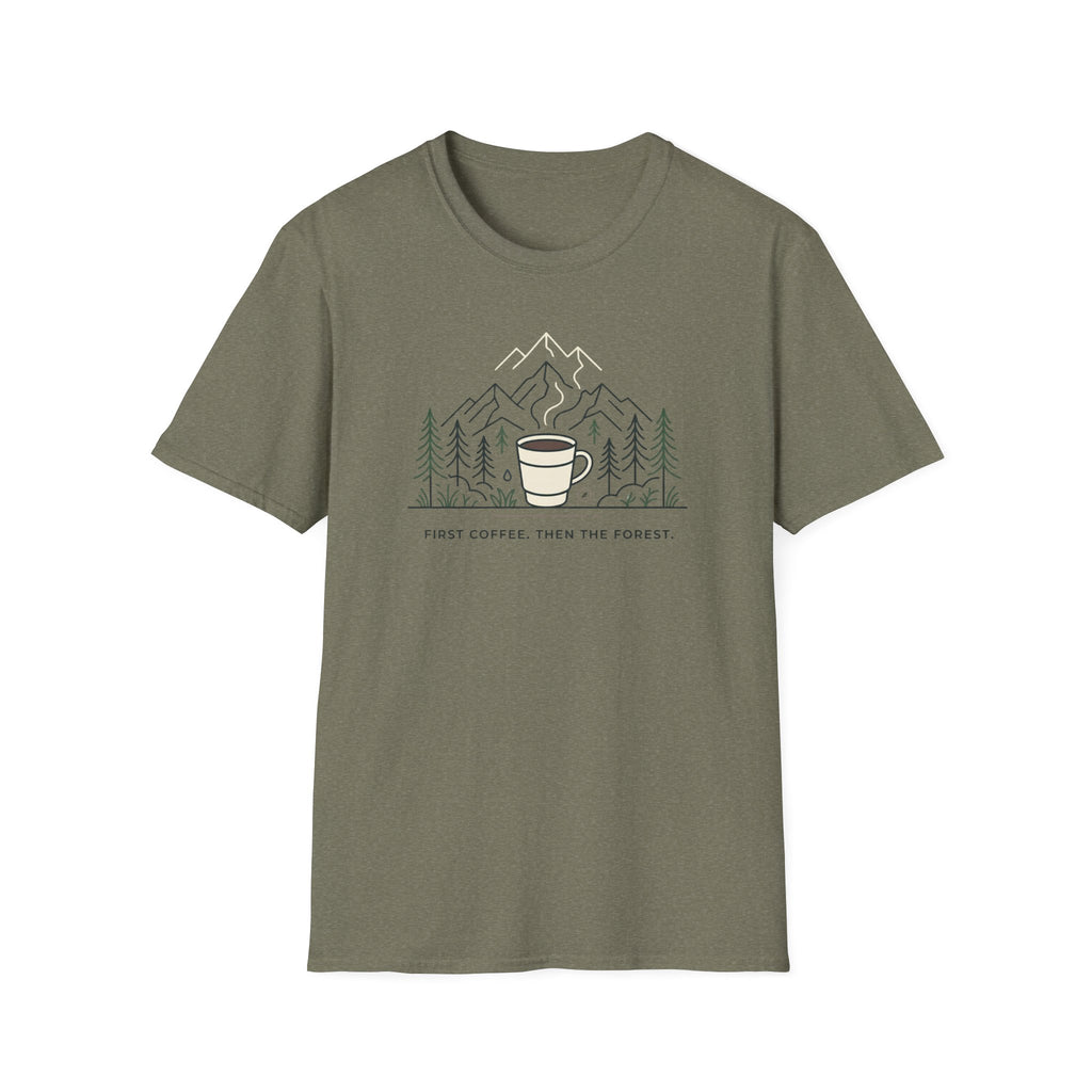Coffee Cup in Pines T-Shirt | mountain camp mug, minimalist outdoors design