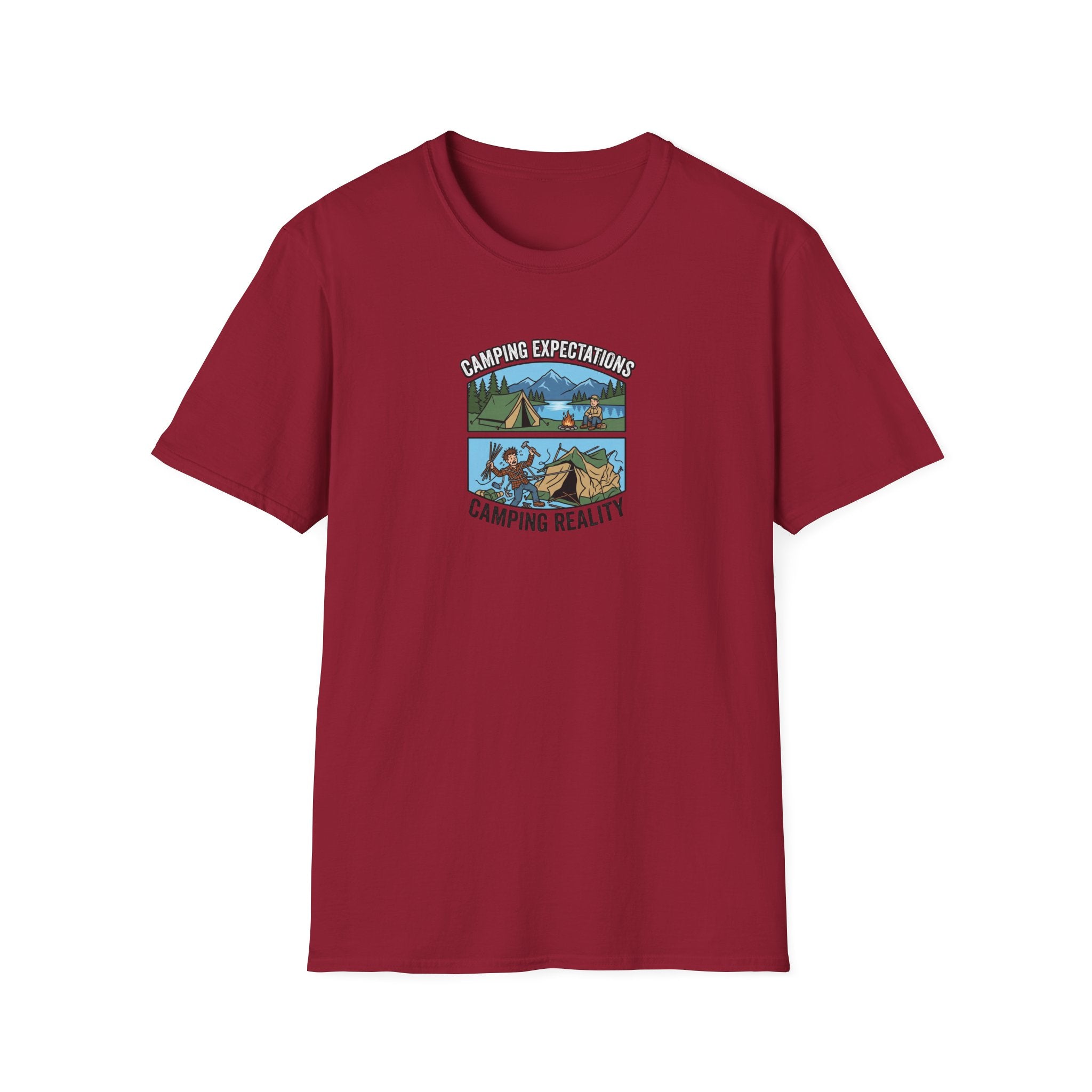 Camping Reality T-Shirt | Scenic Tent, Lake, Mountains Outdoor Adventure