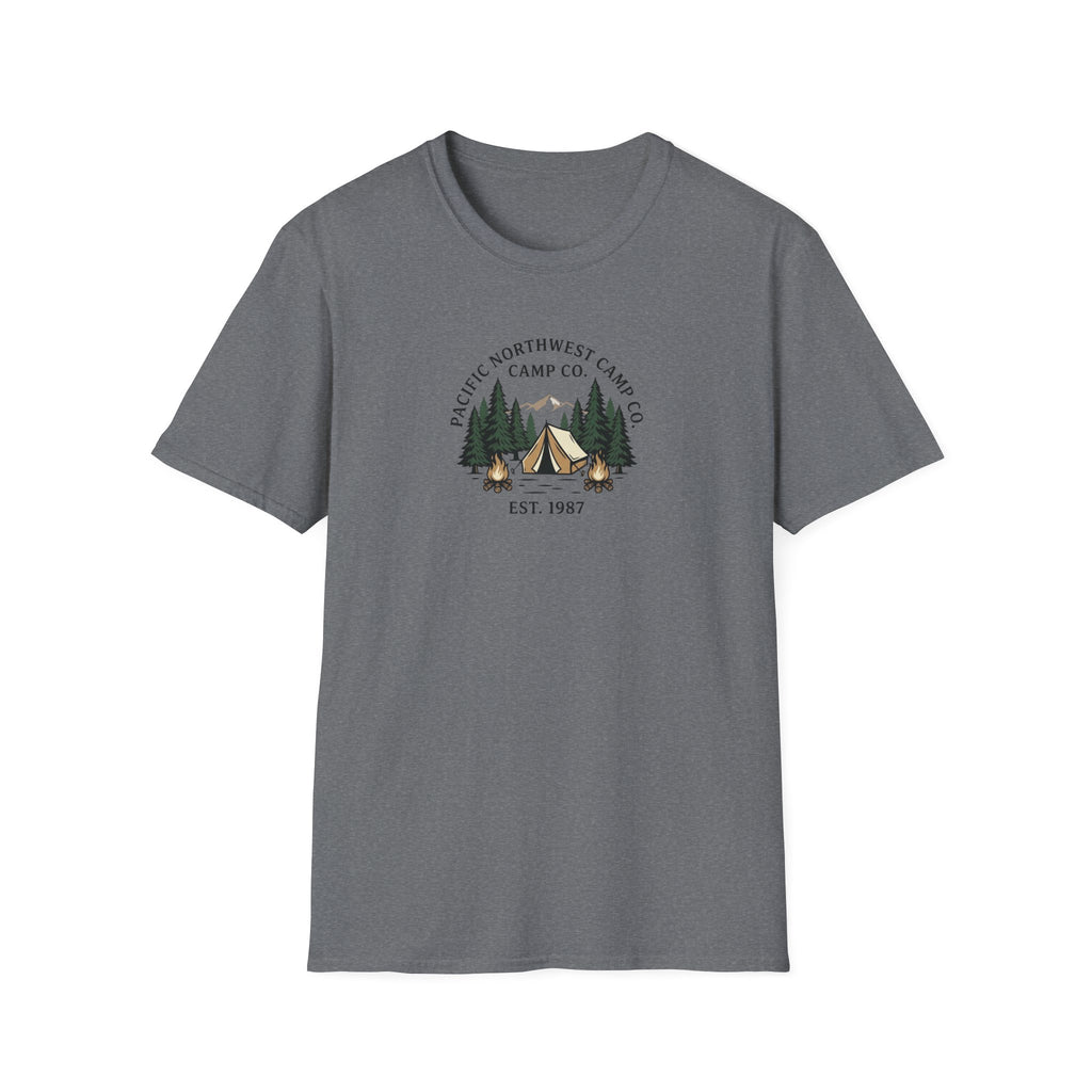 Campwood Trees Tent Graphic T-Shirt | Mountain Camping Logo, EST 1987