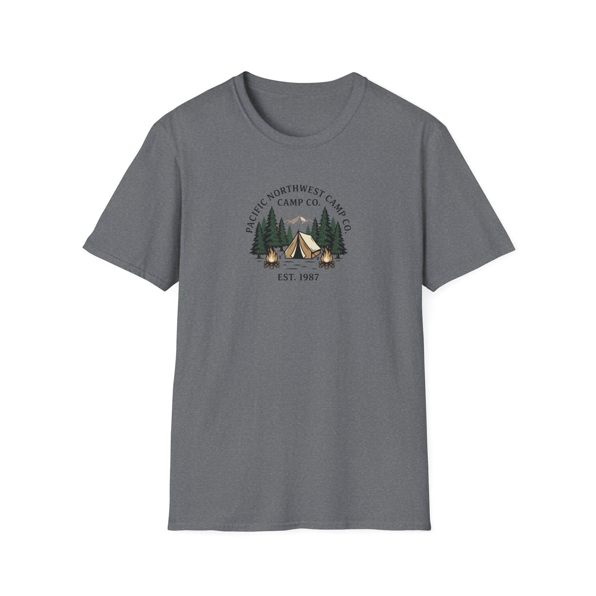 Campwood Trees Tent Graphic T-Shirt | Mountain Camping Logo, EST 1987