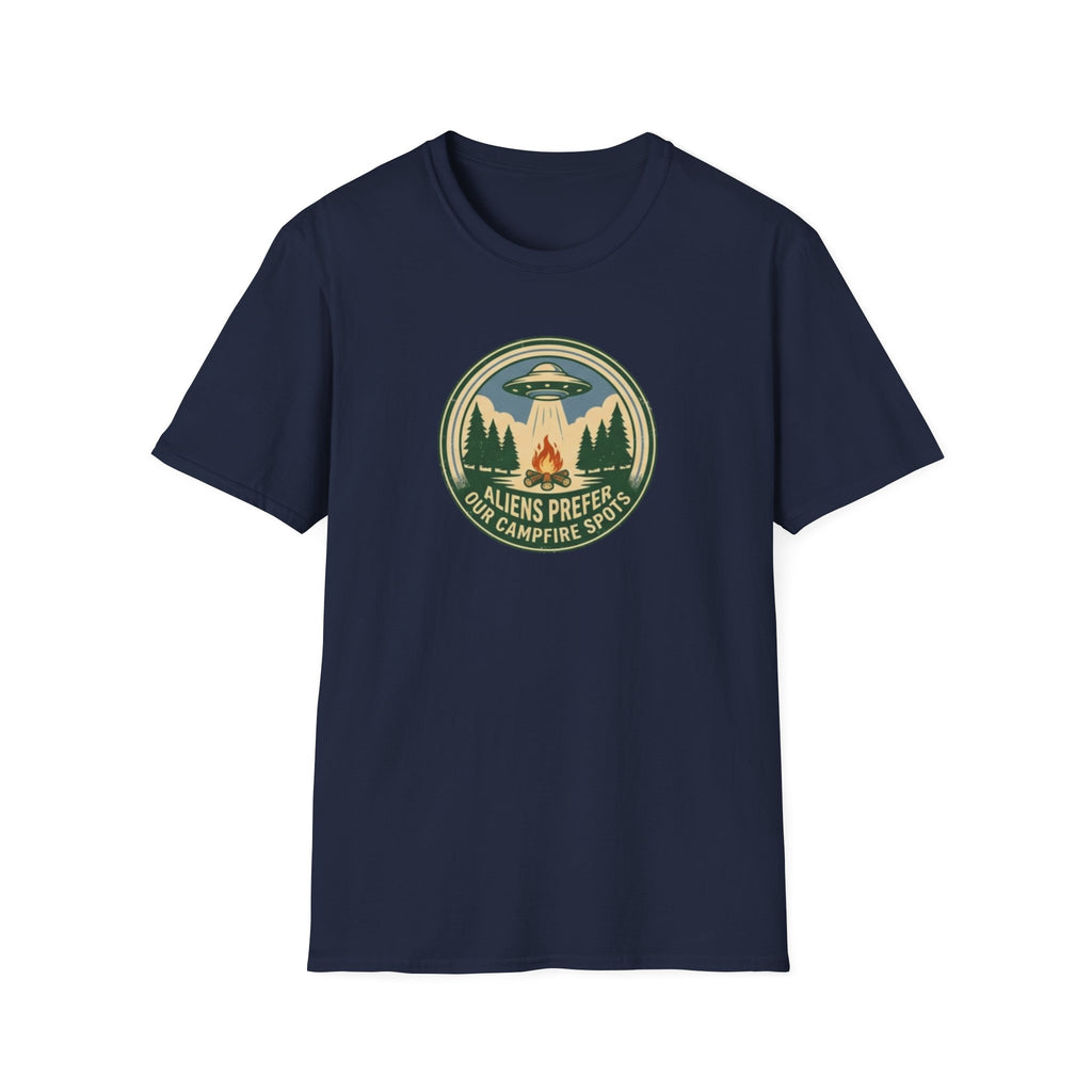 Aliens Prefer Our Campfire Spots T-Shirt | UFO Camping Badge Graphic