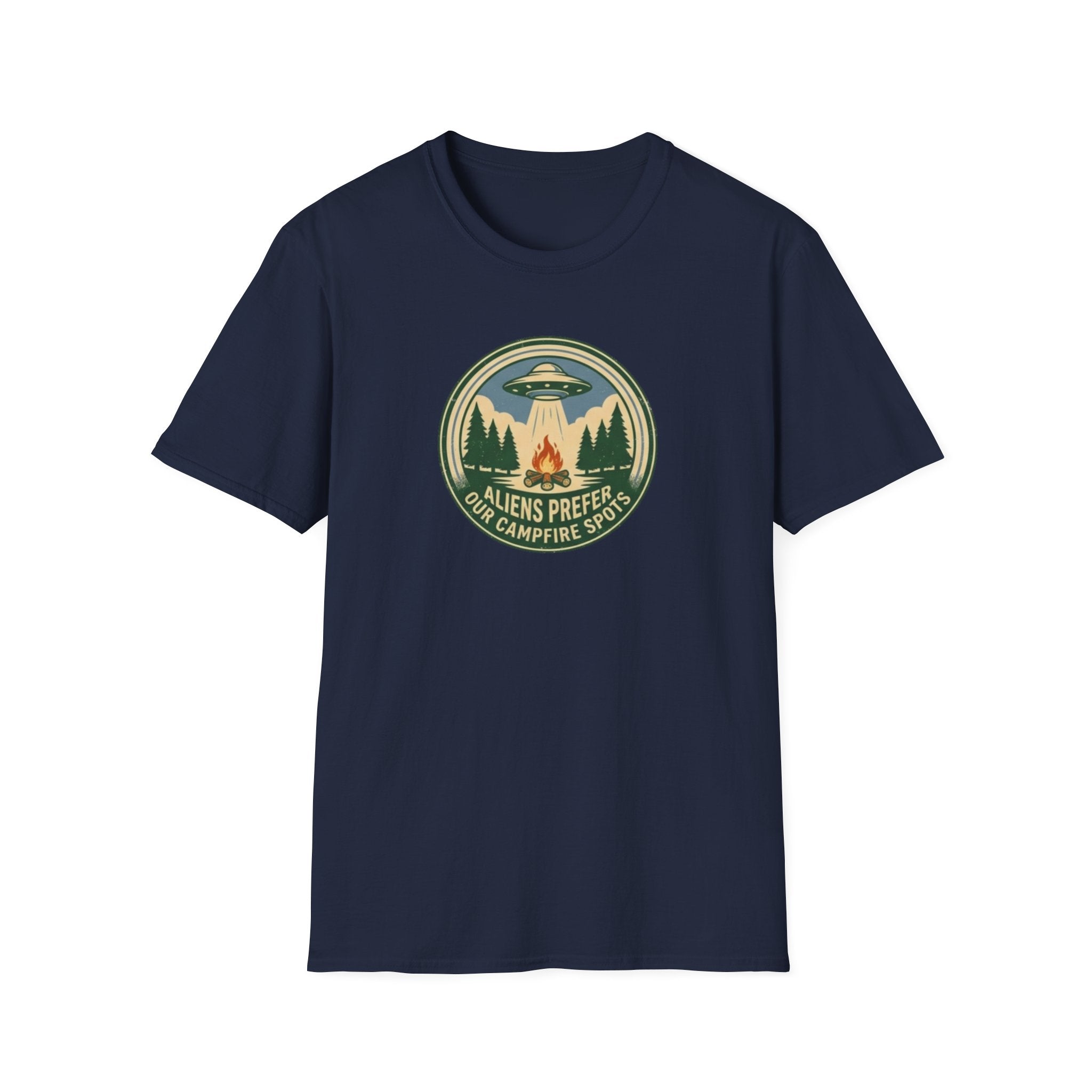 Aliens Prefer Our Campfire Spots T-Shirt | UFO Camping Badge Graphic