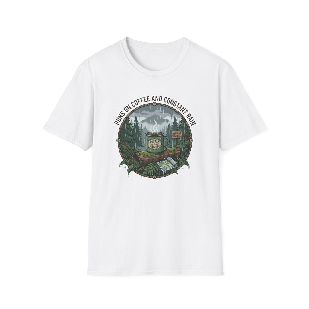 Cozy Camping Coffee Scene T-Shirt | Mountain Mug, Rainy Forest Illustration