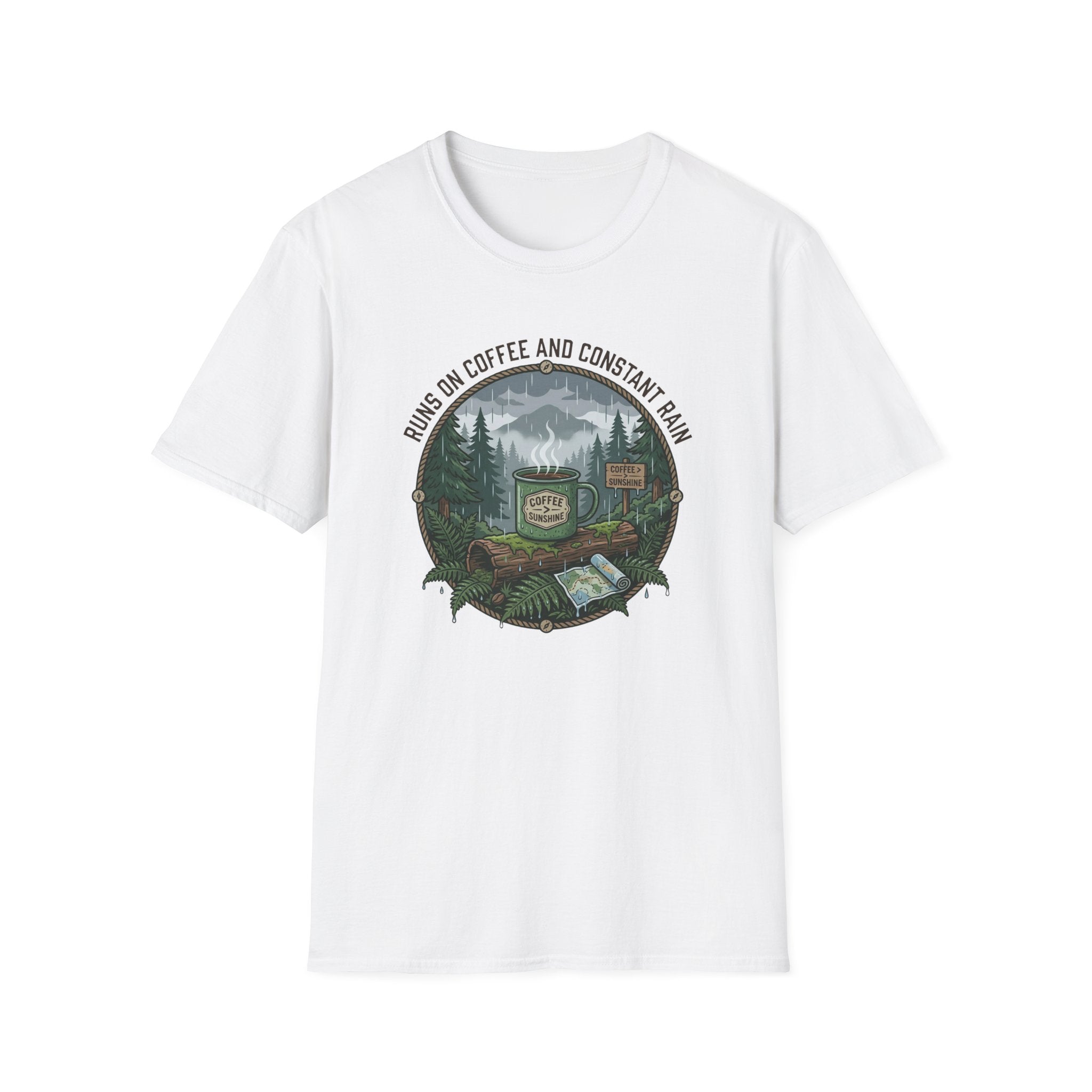 Cozy Camping Coffee Scene T-Shirt | Mountain Mug, Rainy Forest Illustration