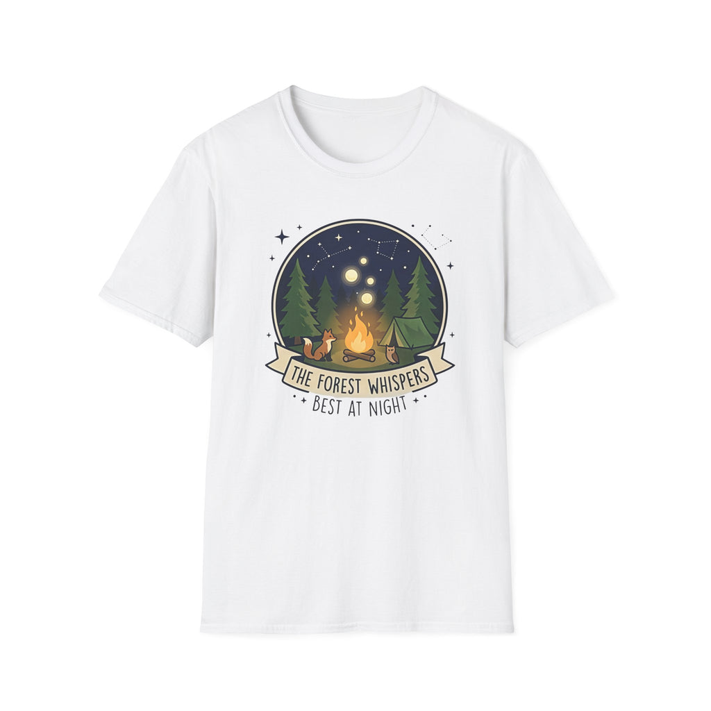 The Forest Whispers campfire scene T-Shirt | nighttime woods illustration