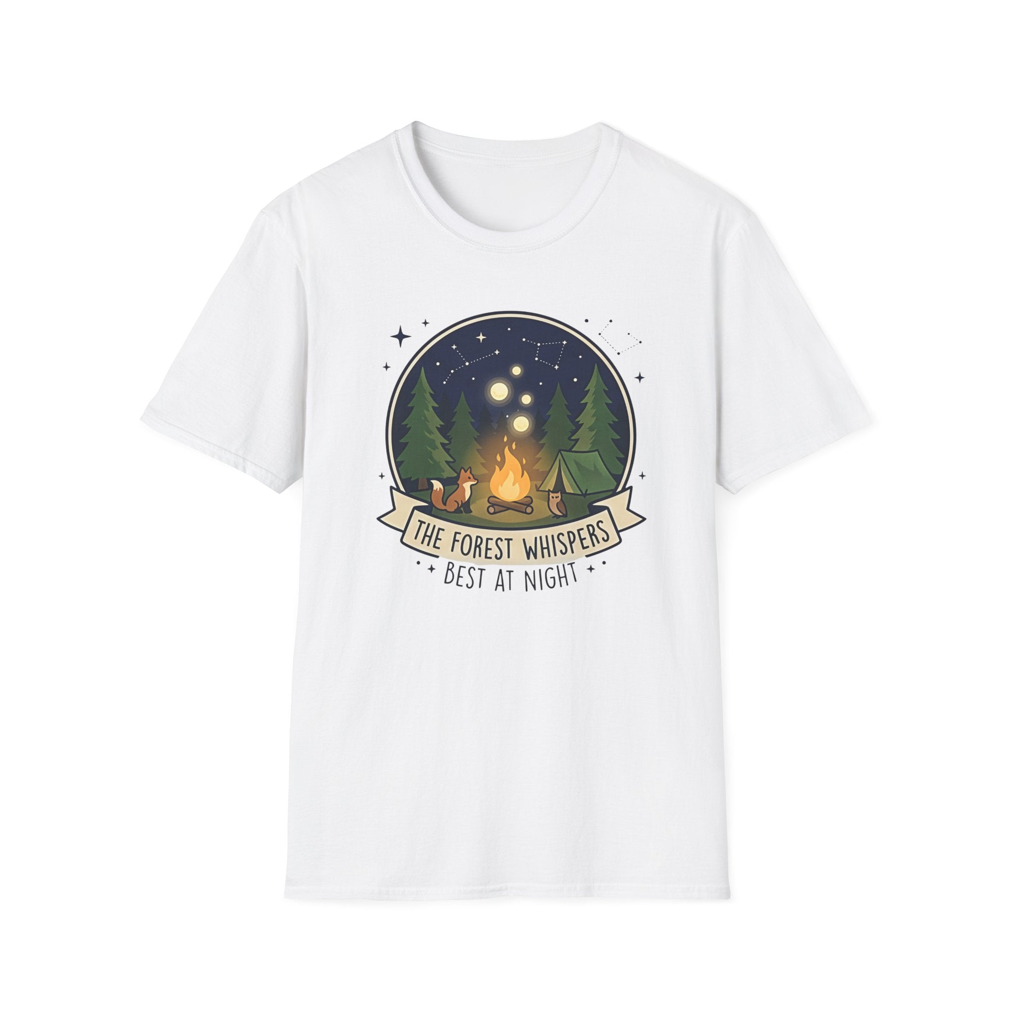 The Forest Whispers campfire scene T-Shirt | nighttime woods illustration