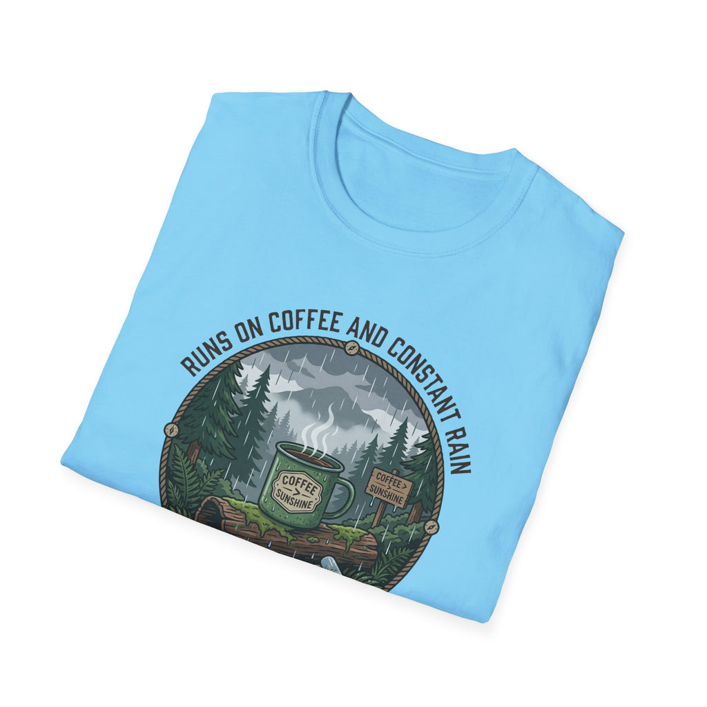 Cozy Camping Coffee Scene T-Shirt | Mountain Mug, Rainy Forest Illustration