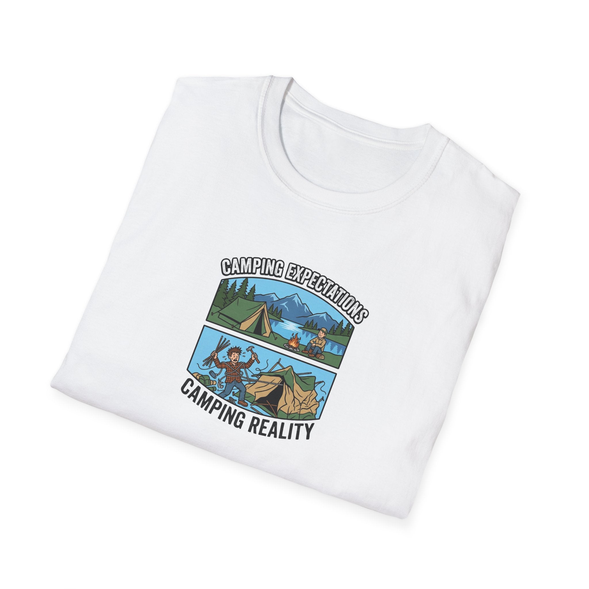 Camping Reality T-Shirt | Scenic Tent, Lake, Mountains Outdoor Adventure