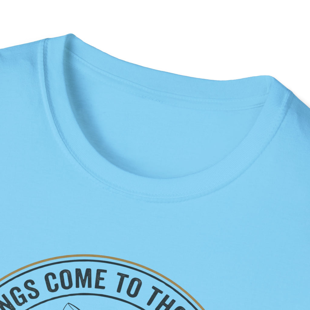 Camping Scene T-Shirt | Vintage Tent Lake Illustration, 'Good Things Come to Those Who Wait'