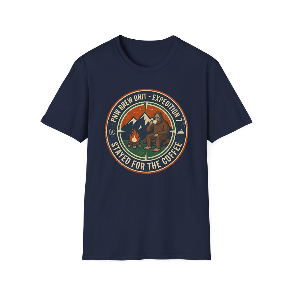 Stayed for the Coffee mountain camping badge T-Shirt | coffee hiking logo