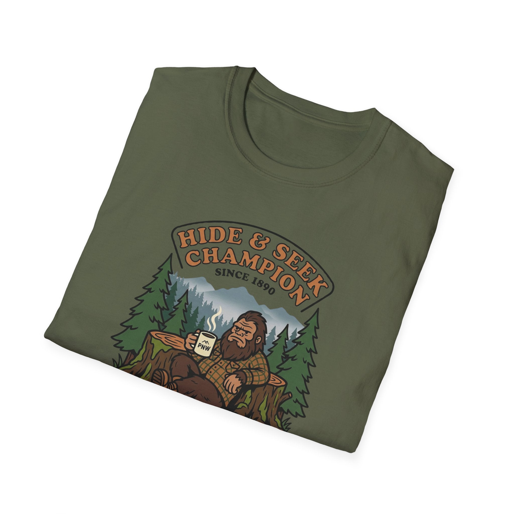 Sasquatch Hide & Seek Champion T-Shirt | Powered by Coffee, Bigfoot Design