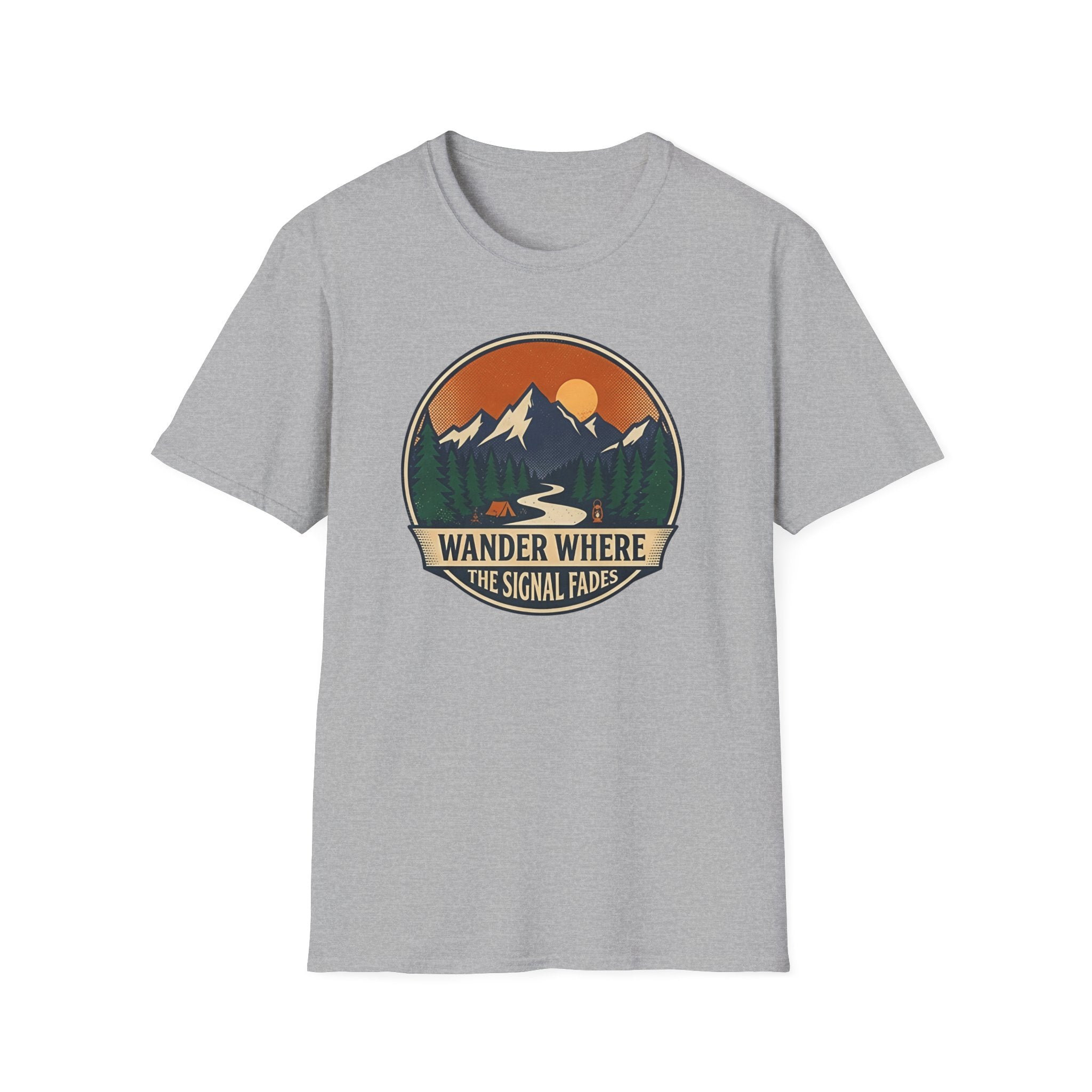 Wander Where The Signal Fades T-Shirt | Mountain Sunset Camping Design