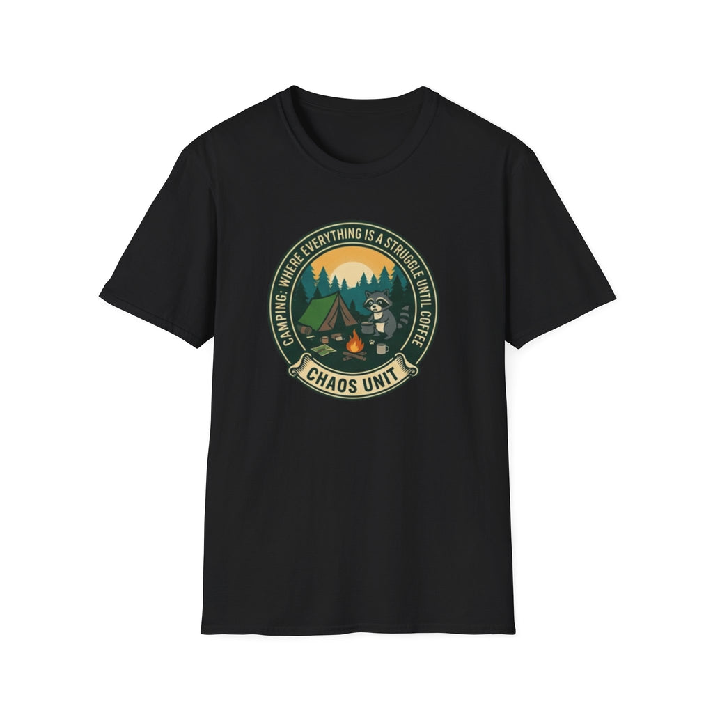 Camping Coffee Bear Chaos Unit T-Shirt | Campfire Woods Graphic