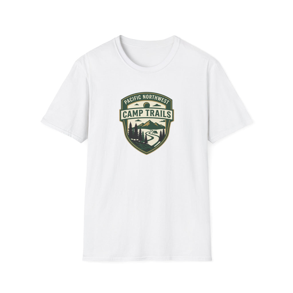 Camp Trails badge T-Shirt | Mountain camping logo, forest trail emblem