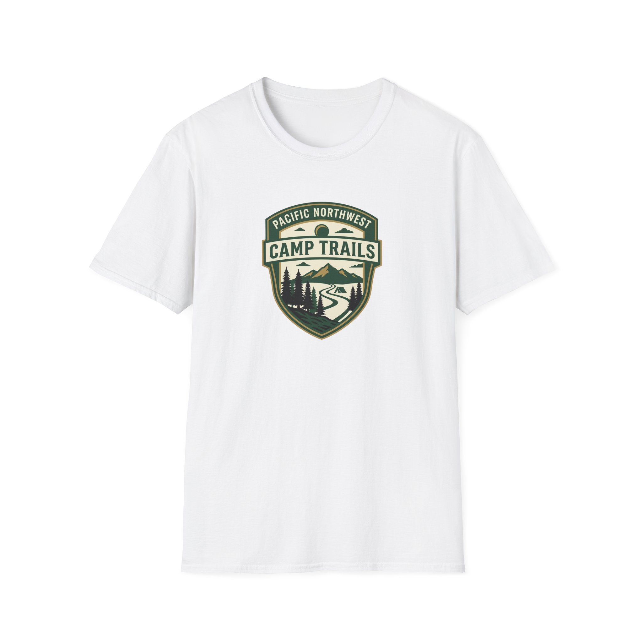 Camp Trails badge T-Shirt | Mountain camping logo, forest trail emblem