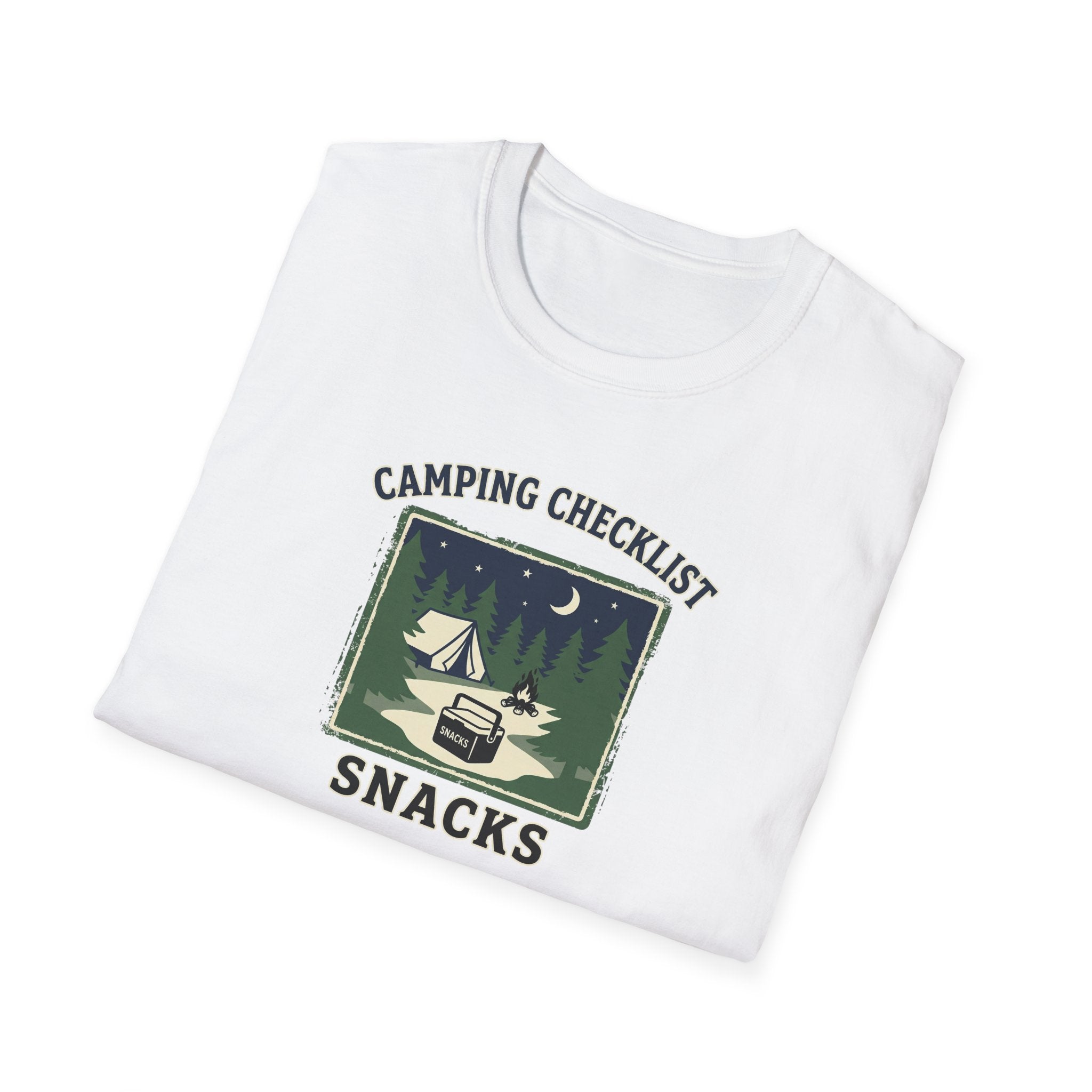 Camping Checklist Snacks T-Shirt | Camping Graphic Tee, Tent Campfire Design