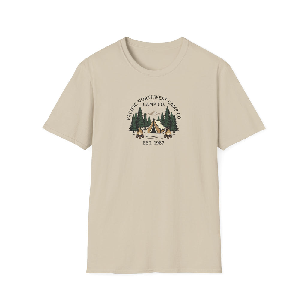 Campwood Trees Tent Graphic T-Shirt | Mountain Camping Logo, EST 1987