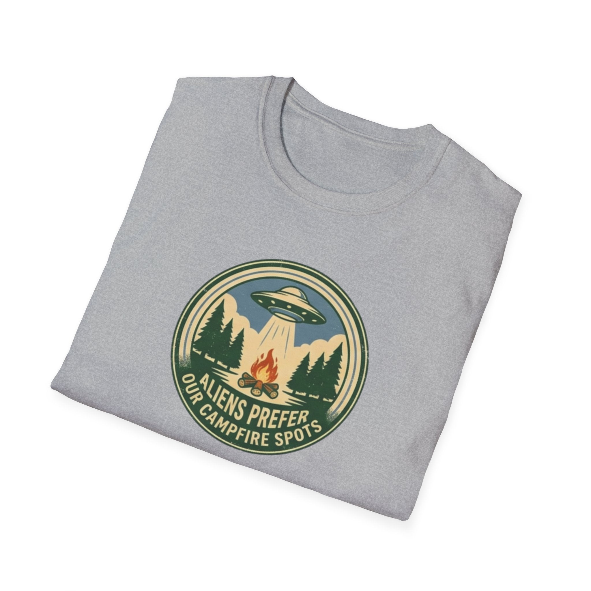 Aliens Prefer Our Campfire Spots T-Shirt | UFO Camping Badge Graphic