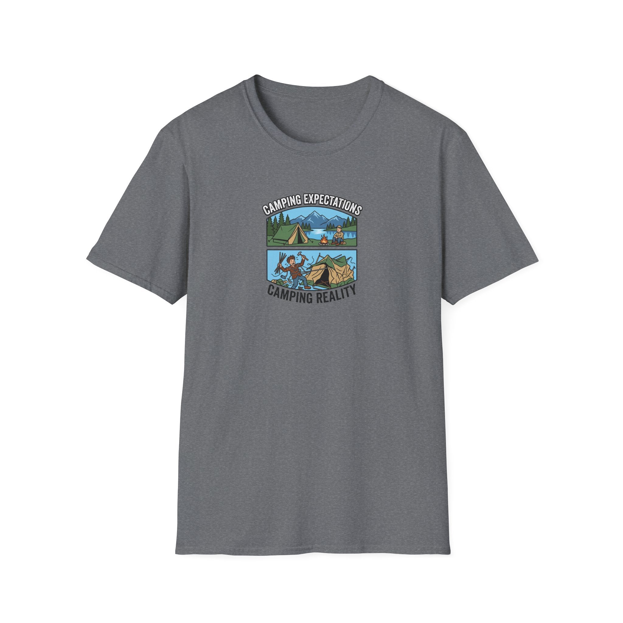 Camping Reality T-Shirt | Scenic Tent, Lake, Mountains Outdoor Adventure
