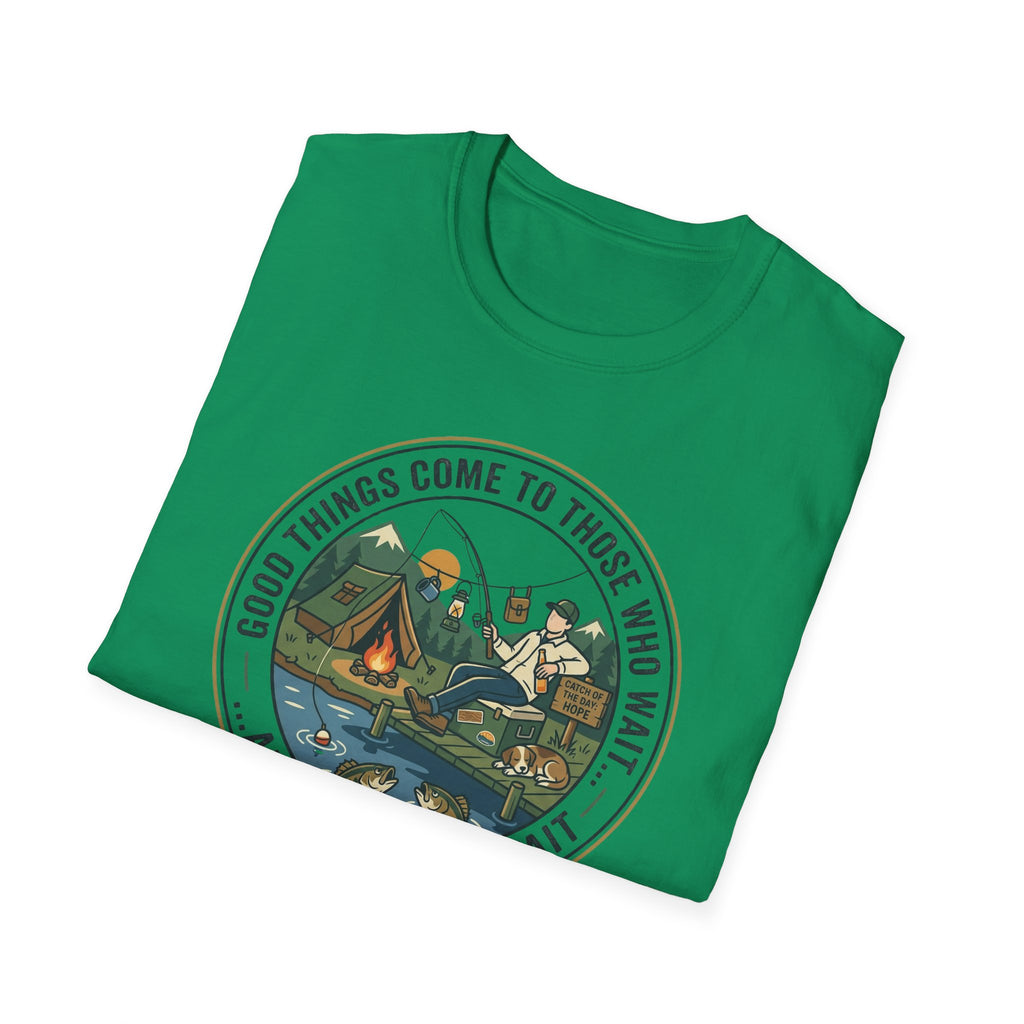 Camping Scene T-Shirt | Vintage Tent Lake Illustration, 'Good Things Come to Those Who Wait'