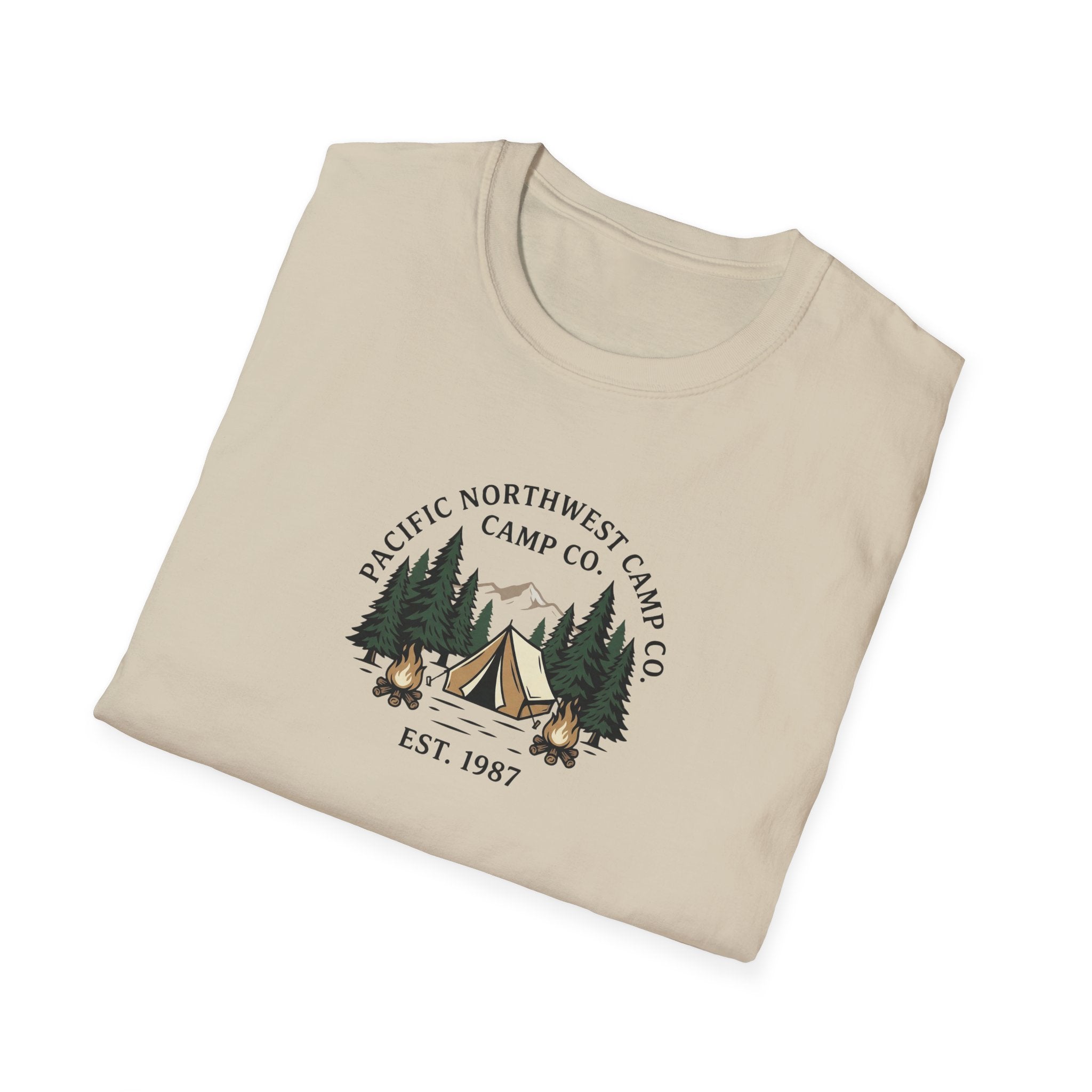 Campwood Trees Tent Graphic T-Shirt | Mountain Camping Logo, EST 1987