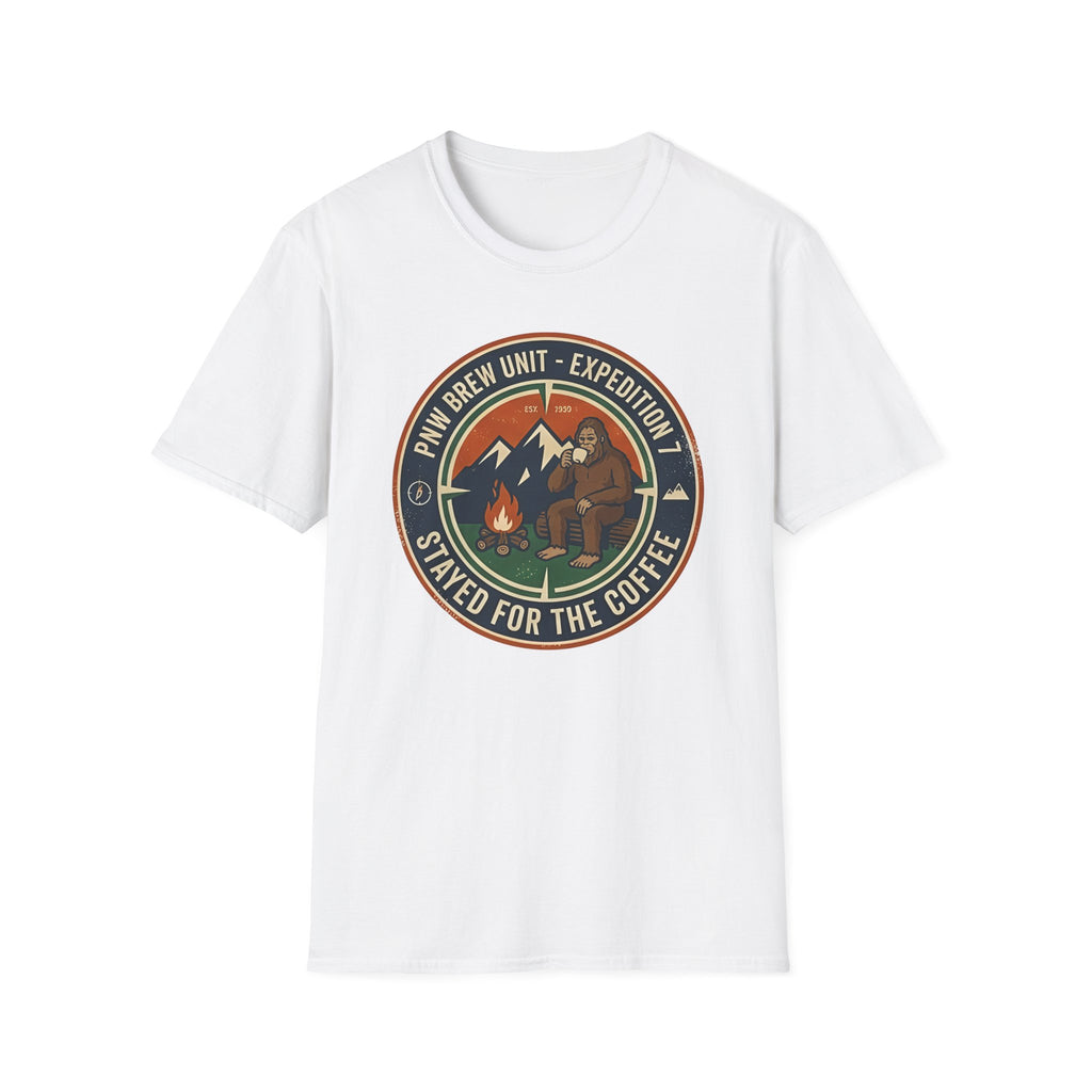 Stayed for the Coffee mountain camping badge T-Shirt | coffee hiking logo