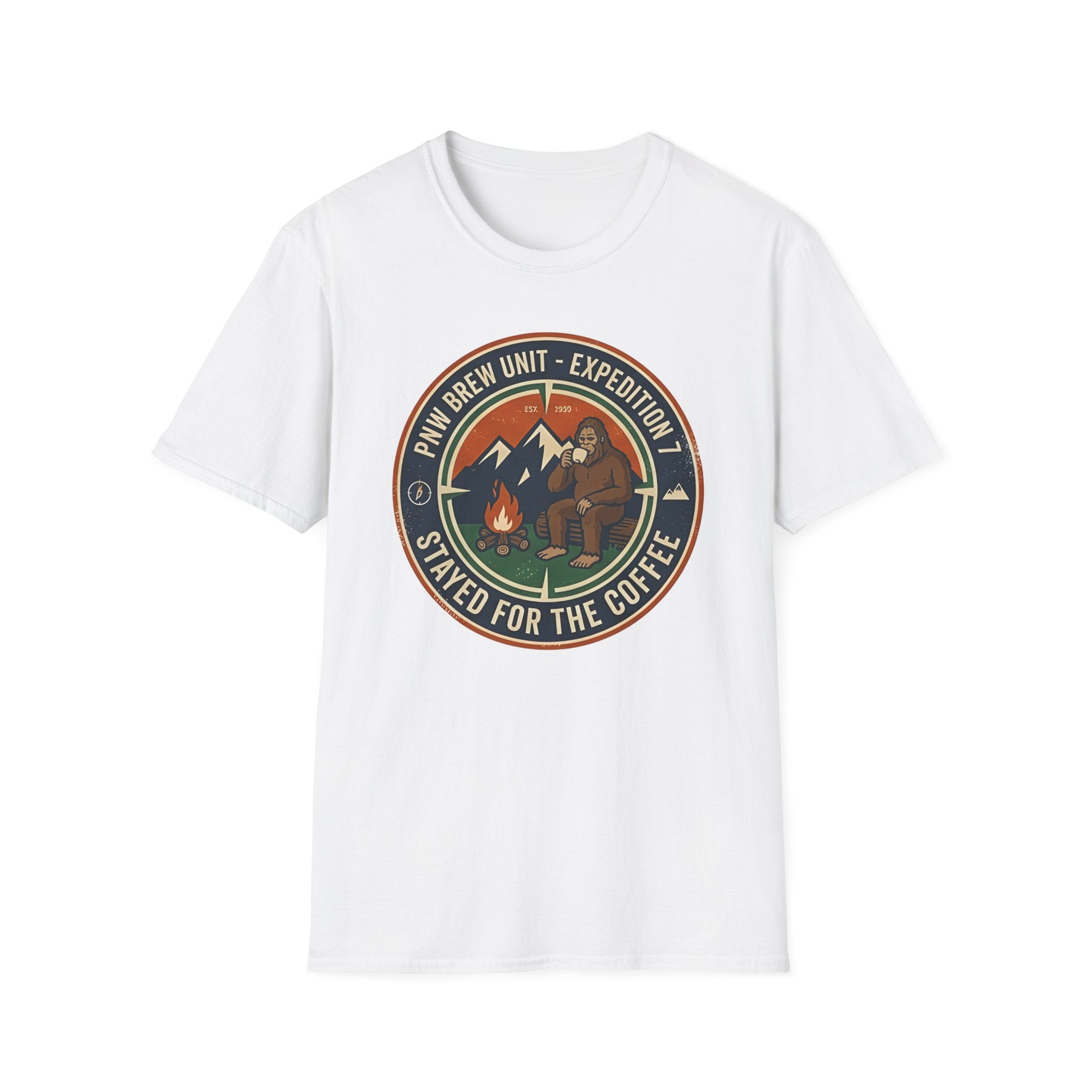 Stayed for the Coffee mountain camping badge T-Shirt | coffee hiking logo