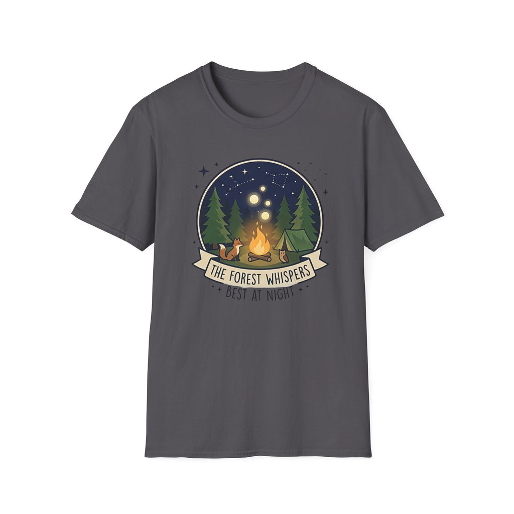The Forest Whispers campfire scene T-Shirt | nighttime woods illustration