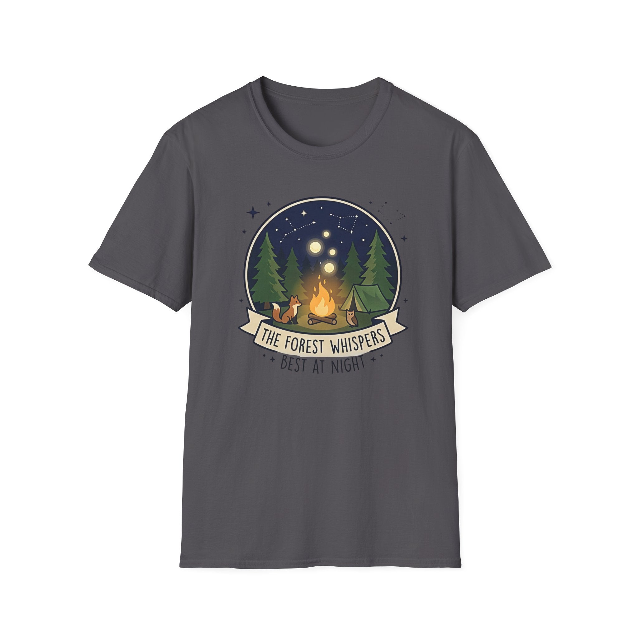 The Forest Whispers campfire scene T-Shirt | nighttime woods illustration