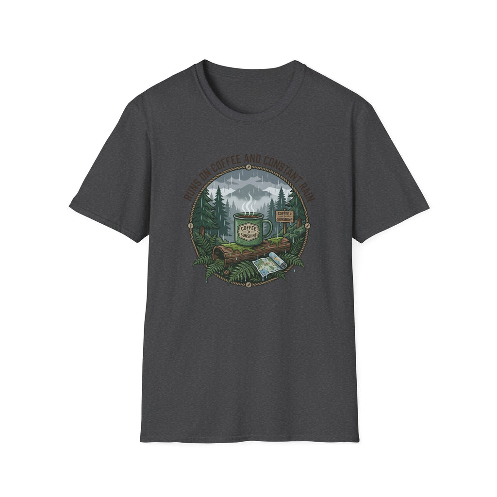 Cozy Camping Coffee Scene T-Shirt | Mountain Mug, Rainy Forest Illustration