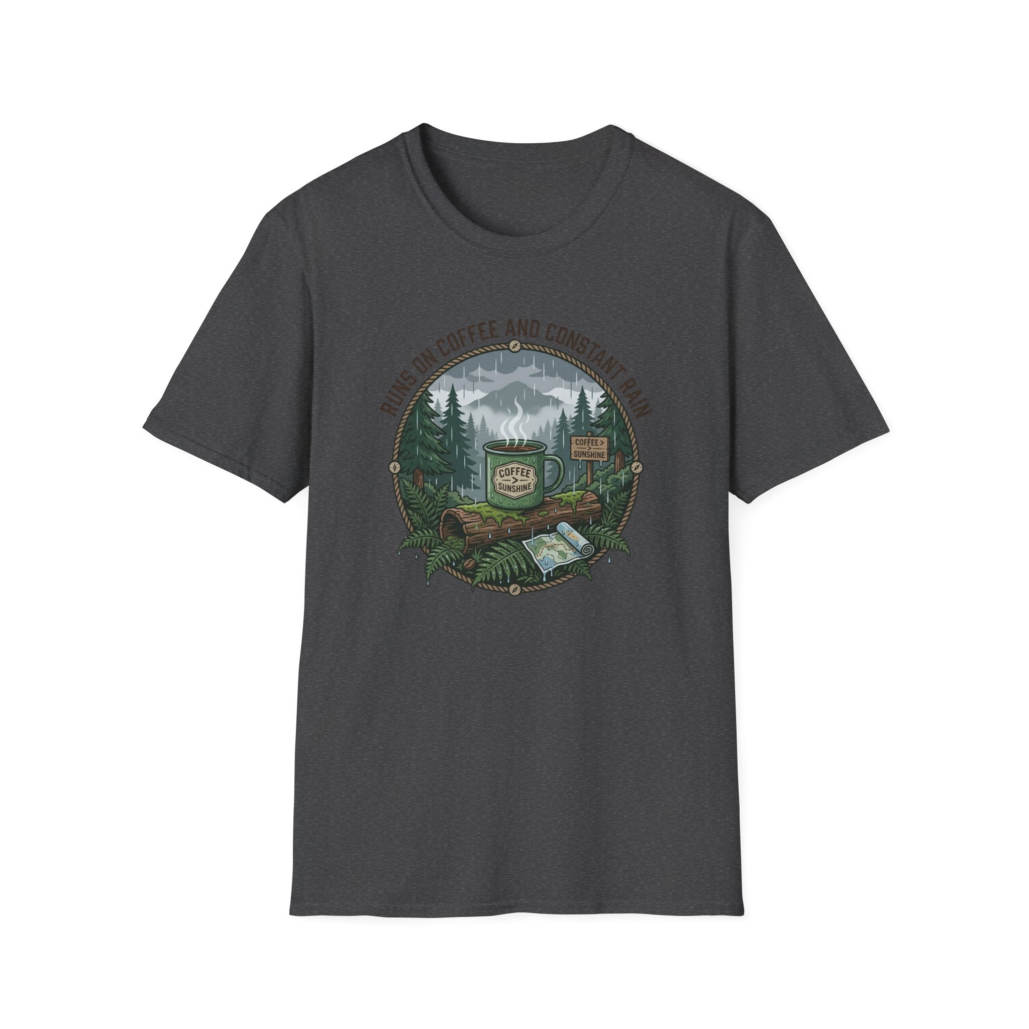 Cozy Camping Coffee Scene T-Shirt | Mountain Mug, Rainy Forest Illustration