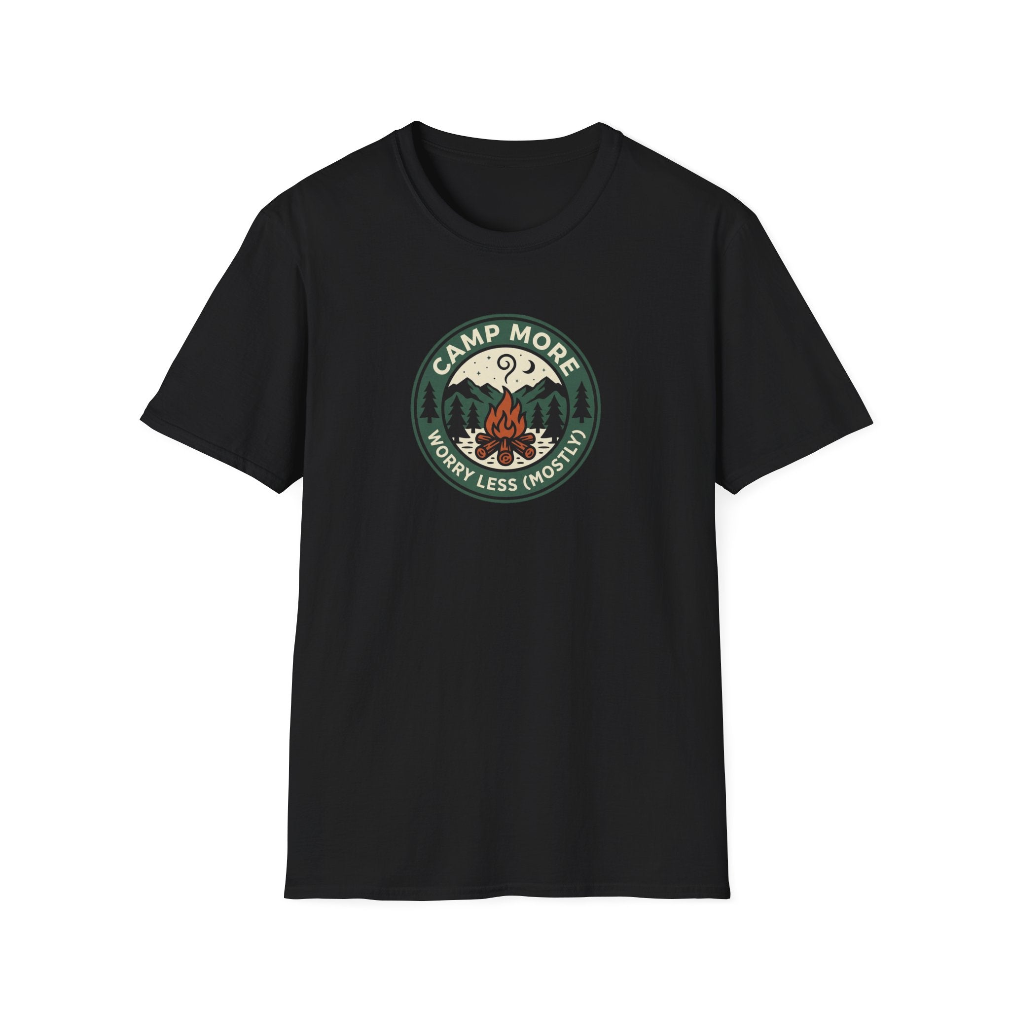 Camp More Campfire Badge T-Shirt | Outdoor Camping Graphic