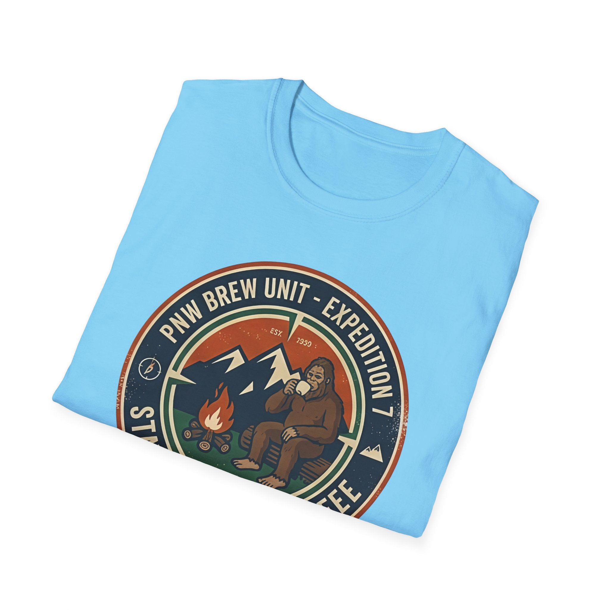 Stayed for the Coffee mountain camping badge T-Shirt | coffee hiking logo