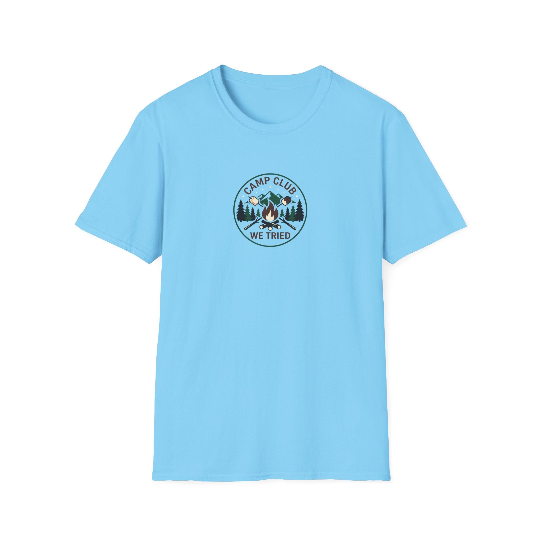 Camp Club We Tried T-Shirt | Camping Badge, Mountains & Pine Trees