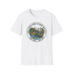 Camping Scene T-Shirt | Vintage Tent Lake Illustration, 'Good Things Come to Those Who Wait'