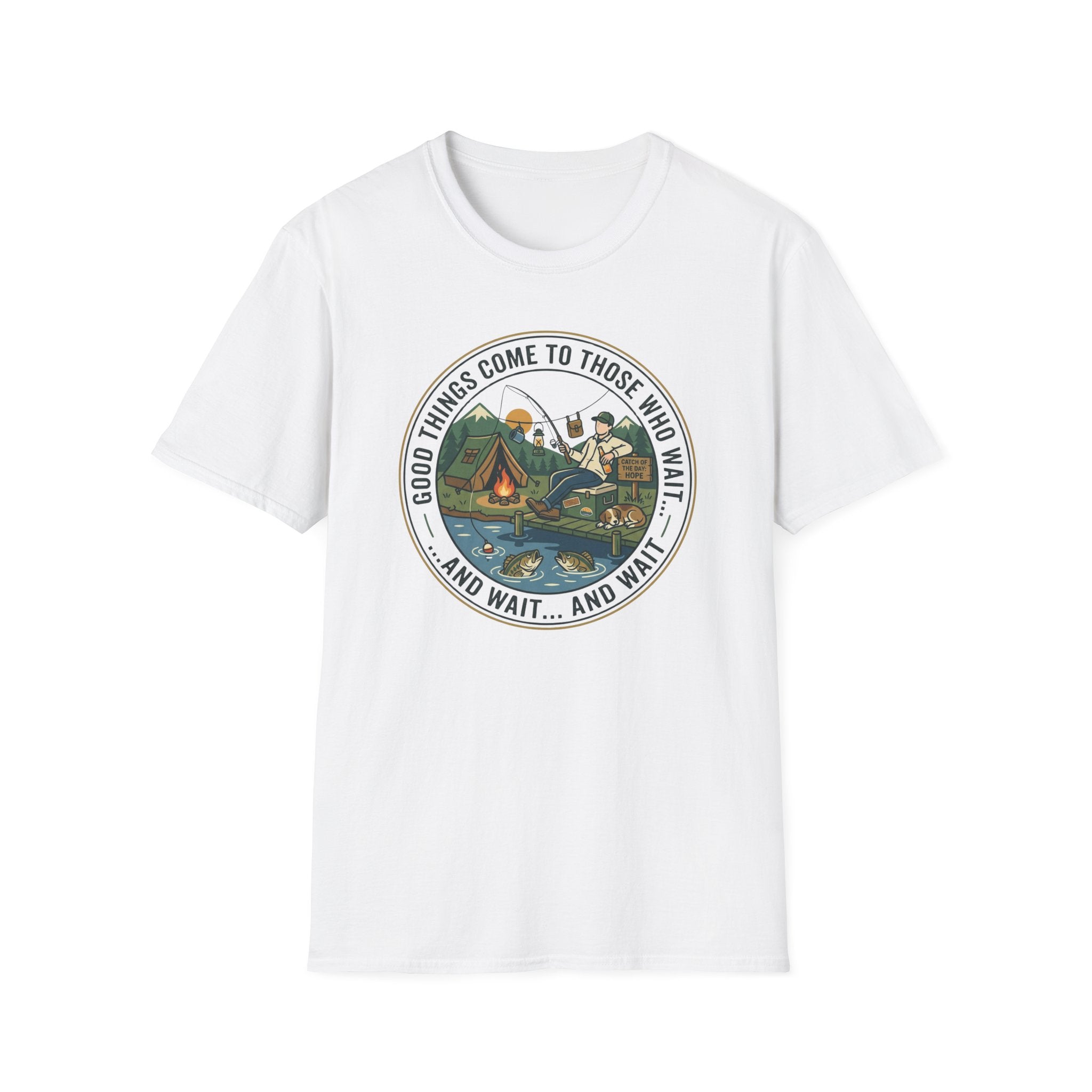 Camping Scene T-Shirt | Vintage Tent Lake Illustration, 'Good Things Come to Those Who Wait'