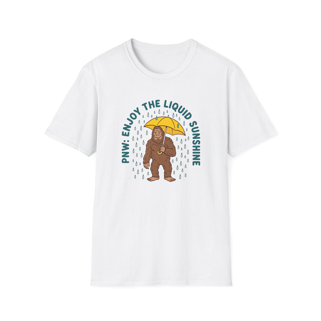 PNW Enjoy the Liquid Sunshine Bigfoot T-Shirt | Rain Umbrella Illustration
