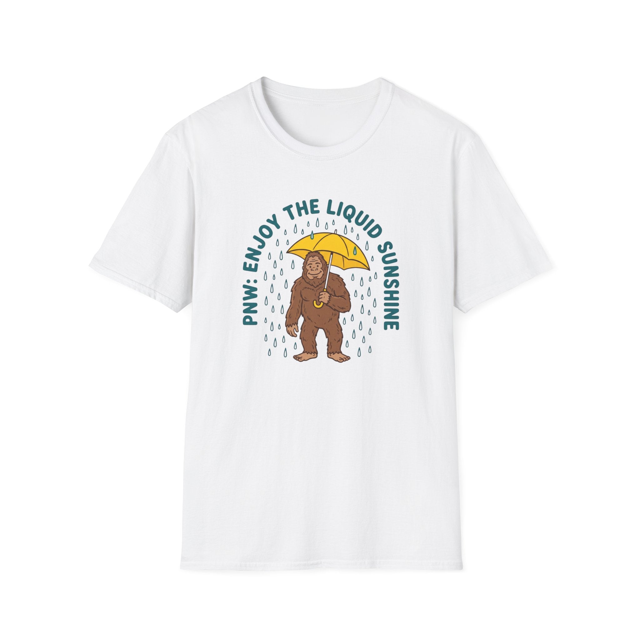 PNW Enjoy the Liquid Sunshine Bigfoot T-Shirt | Rain Umbrella Illustration