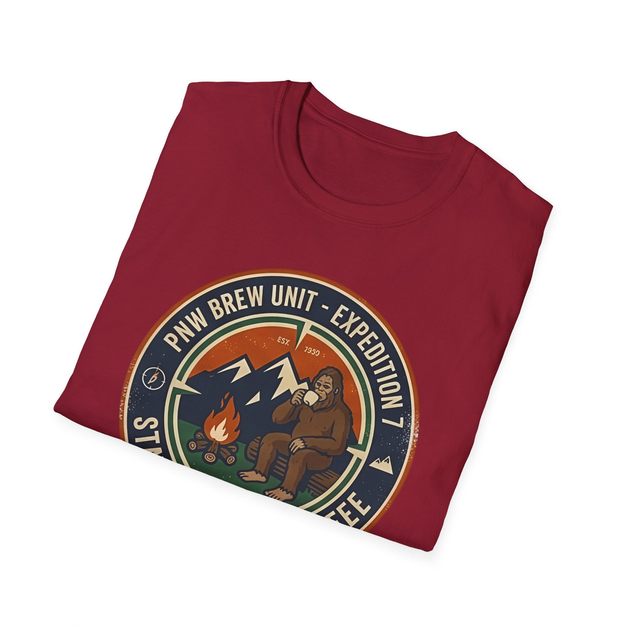 Stayed for the Coffee mountain camping badge T-Shirt | coffee hiking logo