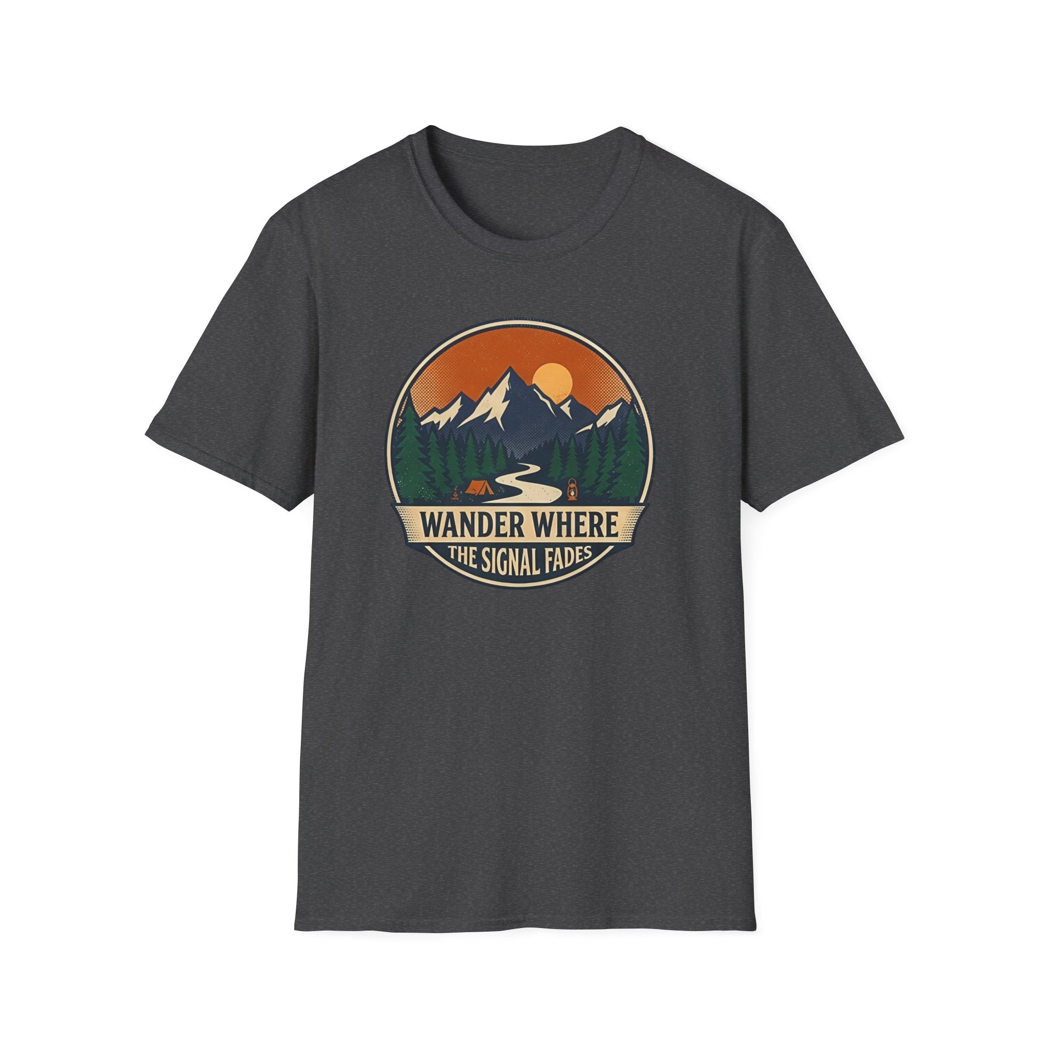Wander Where The Signal Fades T-Shirt | Mountain Sunset Camping Design
